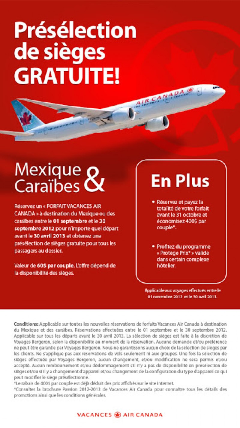 Présélection de sièges gratuite avec Vacances Air Canada